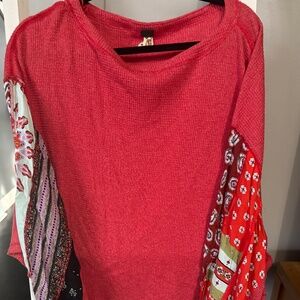 free people thermal bandana patchwork sleeves, size s coral